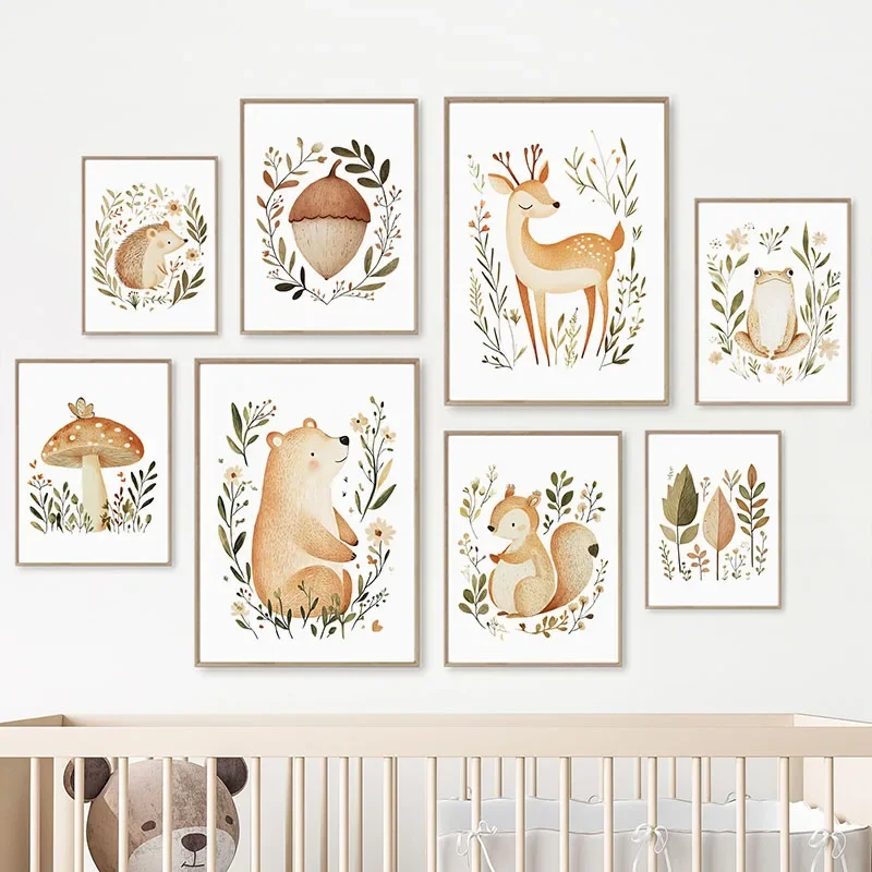 Frameless canvas paintings,Bear Deer Squirrel Frog Mushroom Autumn Leaves Nursery Wall Art Posters Canvas Painting Prints Pictur