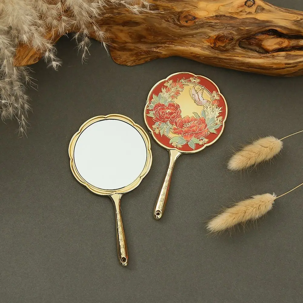 Miroir en métal de Style chinois Vintage, mignon, pivoine, cosmétique délicat, Portable, doux, miroir de maquillage de poche, décoration de maison