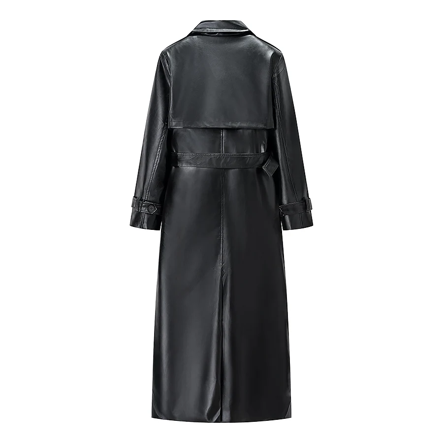 Women Autumn Winter New Full Faux Leather Coat With Belt Single Breasted Turn-Down Collor Vintage Long Female Outerwear