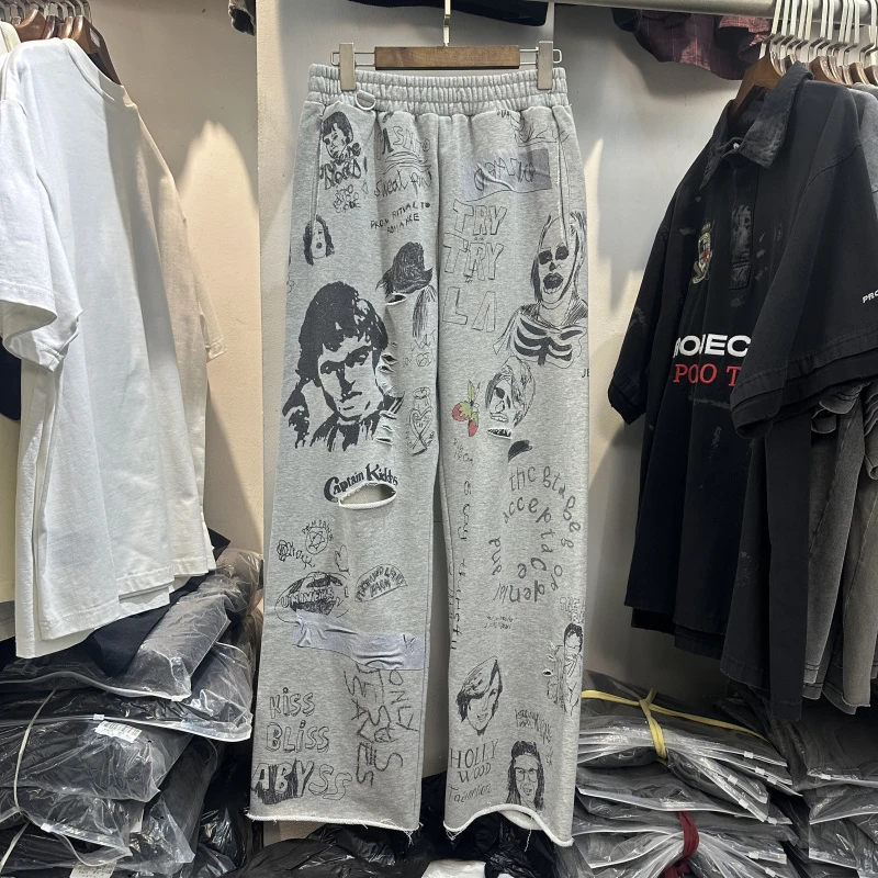 Super Way Men's Pants Vintage American Graffiti Distressed Wide Leg Sport Leisure Pants F520#