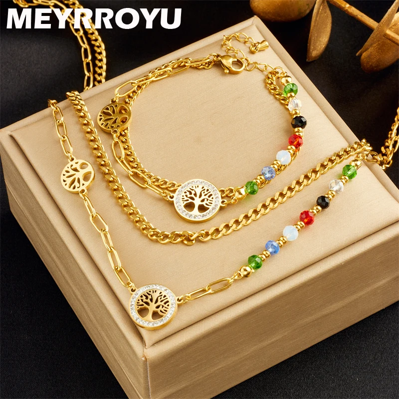 MEYRROYU 316L Stainless Steel Jewelry Set Necklace Bracelet Life Tree Colorful Bead Pendant For Women New Trend Gift Accessories