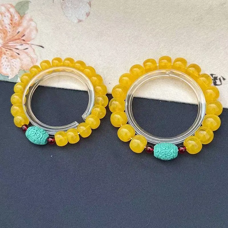 Optimized water cloud honey , yellow bracelet with exotic flower amber , old-style barrel beads