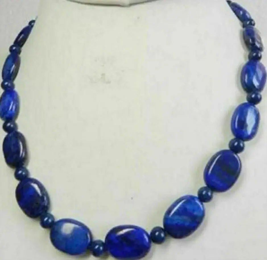 13X18mm natural blue oval lapis lazuli and 6mm Round lapis lazuli Beaded Necklace 18“