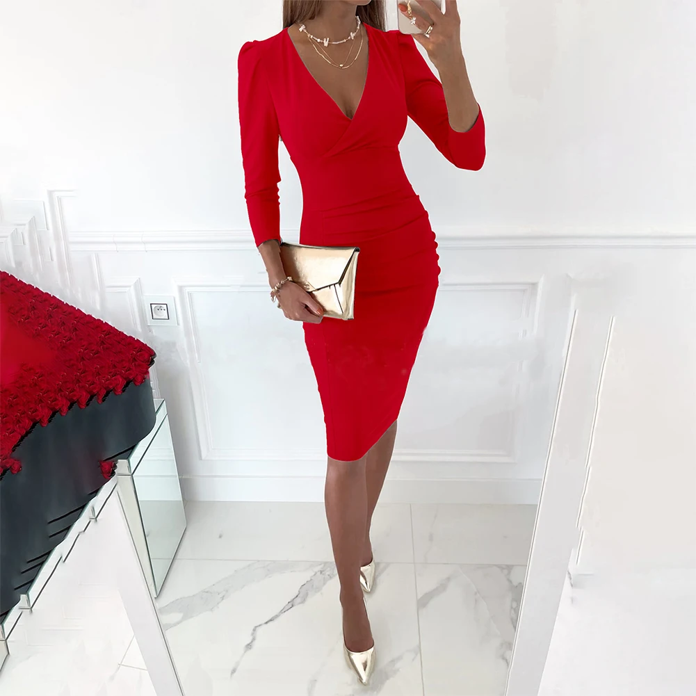 

Elegant OL Cocktail Party Pencil Dress Womens V Neck Long Sleeve Bodycon Formal Wear for Women Red Wine Black