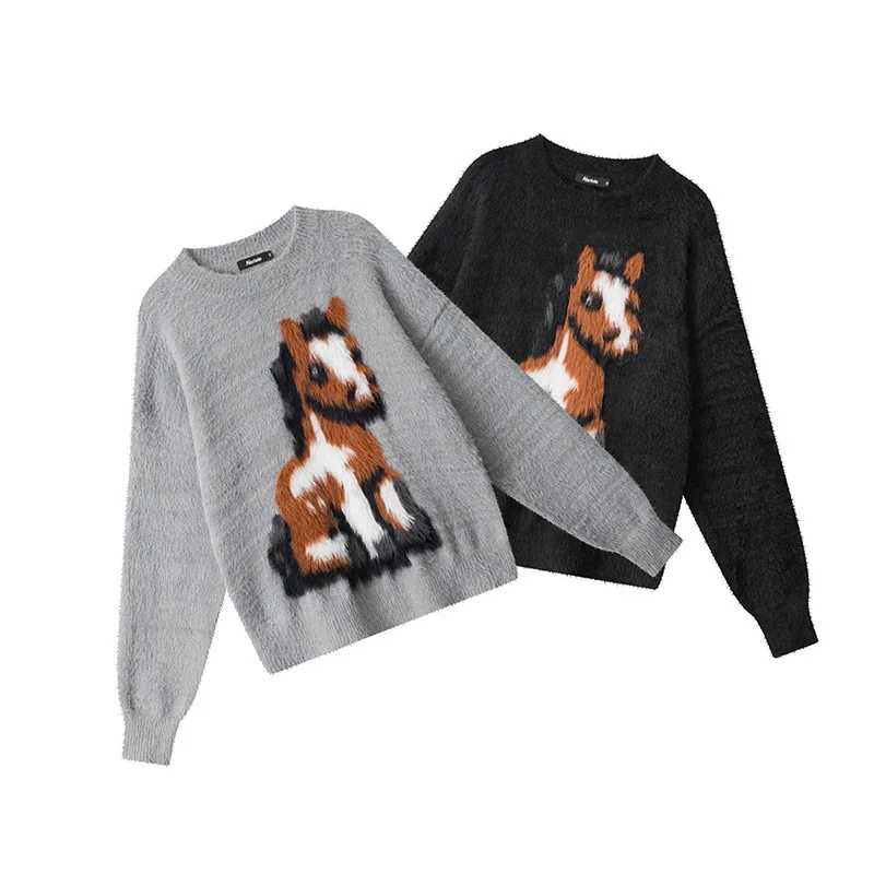 السنة الجديدة للحصان الخريف والشتاء الجديدة الموهير فضفاضة متماسكة سترة جولة الرقبة البلوز كسول ملابس خارجية سترة