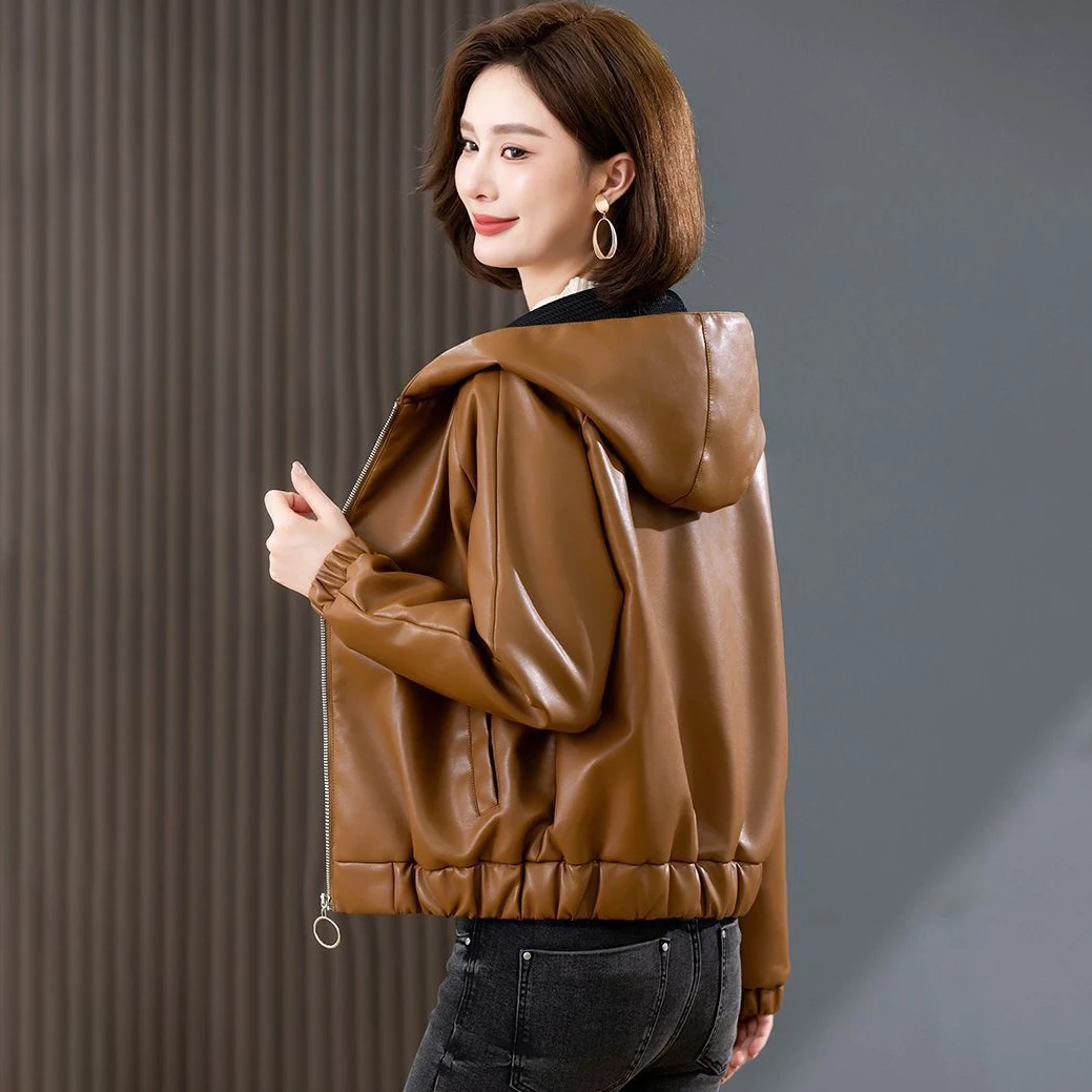 シックカジュアルレザージャケット アウター レディース 2025 新作 秋冬 ファー ワンピース ルーズ スリミング ショートレザージャケット トップス