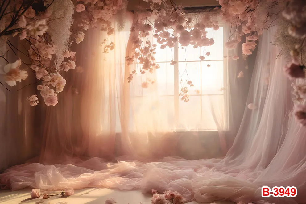 Hotography Background Vintage Window Pink Flowers Curtain Girl Birthday Wedding Portrait Decor Backdrop Photo Studio