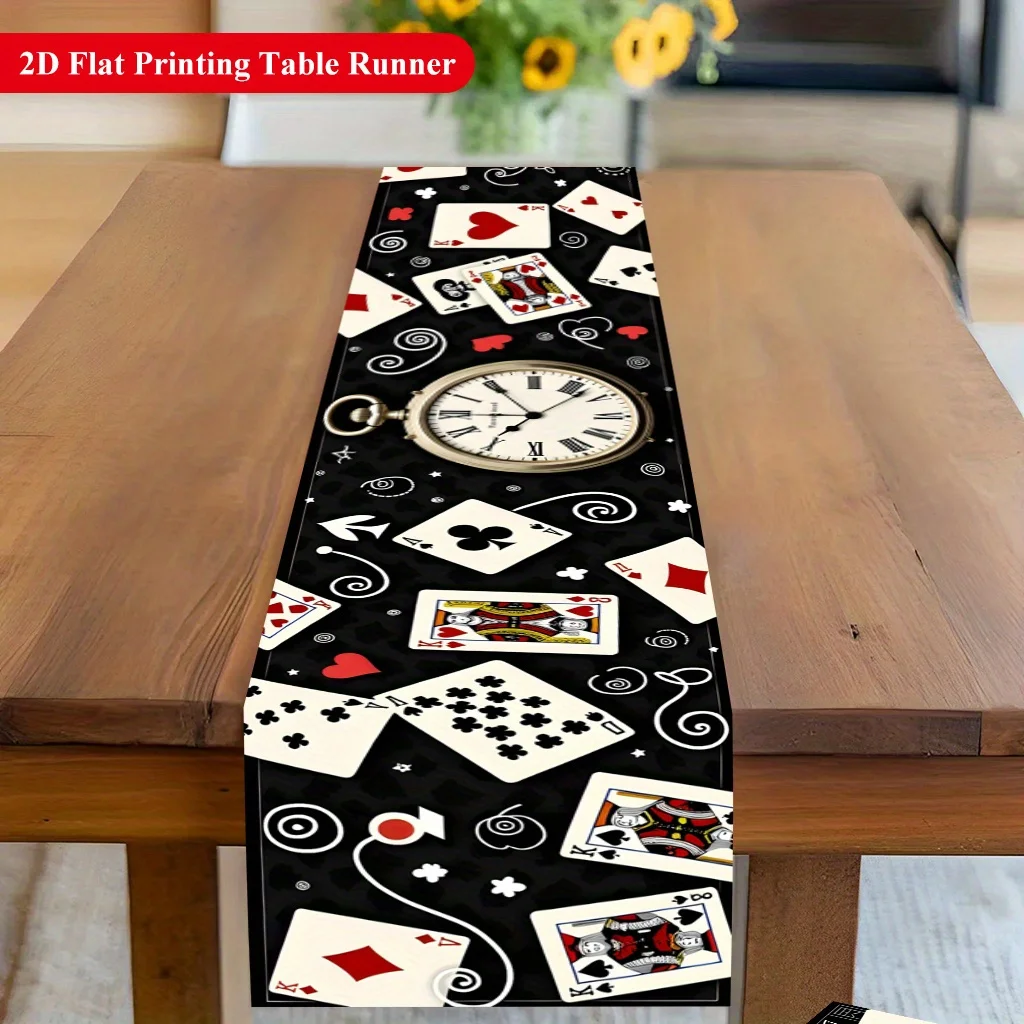 Poker Clock & Playing Cards Table Runner - Vibrant Festive Decor for Dining & Coffee Tables, Home Parties, Kitchens & Holidays