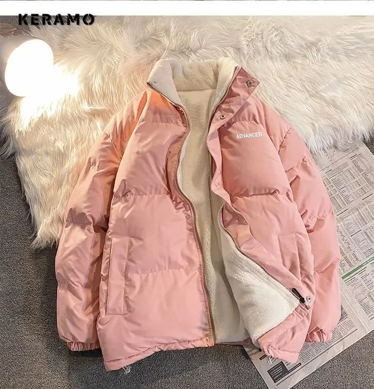 Parka de lã extragrande para homens e mulheres com gráfico com letra, baggy quente, jaquetas casuais, casaco coreano, engrossar, unissex, inverno,