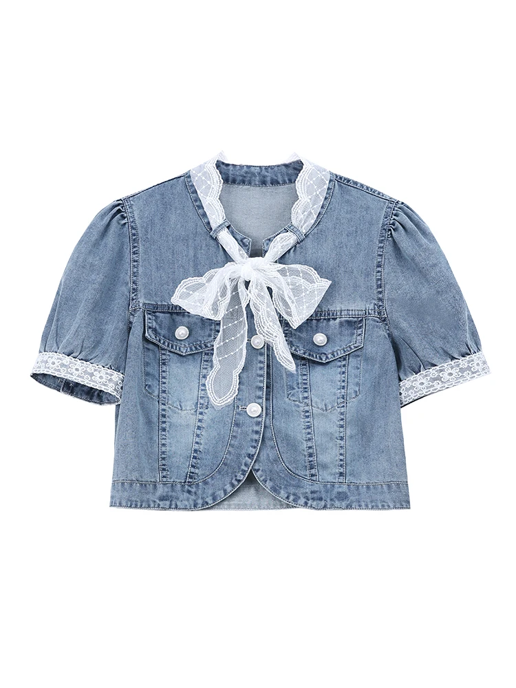 

Chic Lace Splice ort Denim Jaet Women's Thin Summer New Small Fraance Sle Versatile Top Collar Bubble Sve