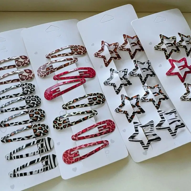 

652F Fashion Leopard Hair Clip Set 8Pcs Nonslip Metal Hair Barrettes Star Water Drop For Teens Adults