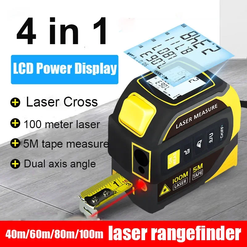 4 in1 Laser Tape Measure 40m 60m100m Rangefinder 5M Tape Measurement LCD Power Display Electronic Ruler Laser Measure Power Tool