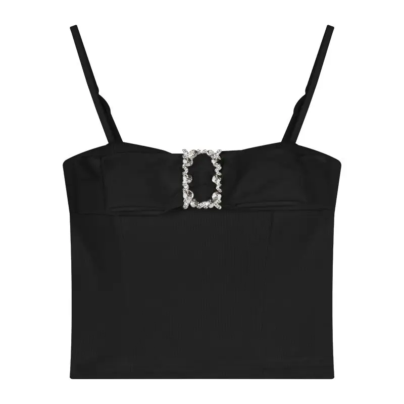 

Women's Sexy Rhinestone White Tank Top Summer Sleeveless Slim Fit Cropped Camisole Elegant Blouse