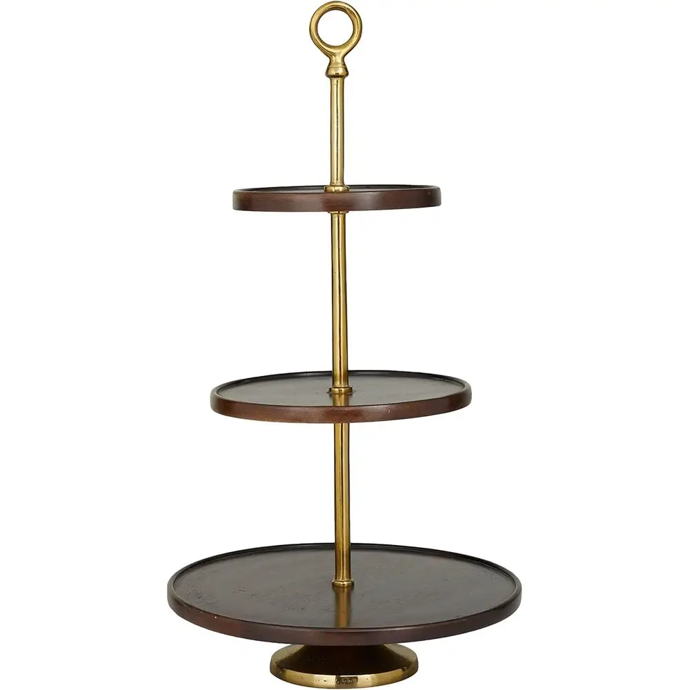 

Mango Wood 3 Level Tiered Server with Gold Stand, 15" x 14" x 26", Dark Brown