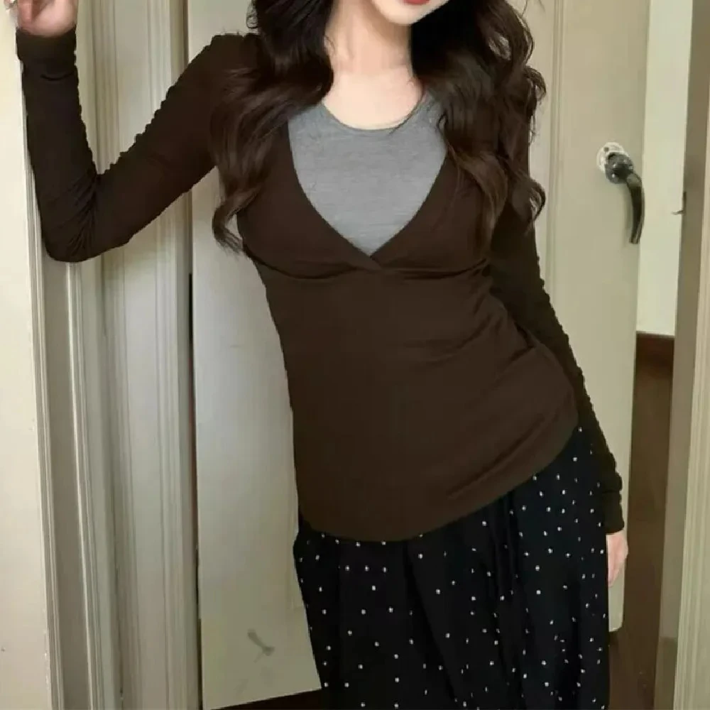 4 ألوان 2025 الخريف التعادل القوس الرسن التباين اللون كاذبة 2 قطع طويلة الأكمام تي شيرت عادية المحملة البلوز المحاصيل الأعلى