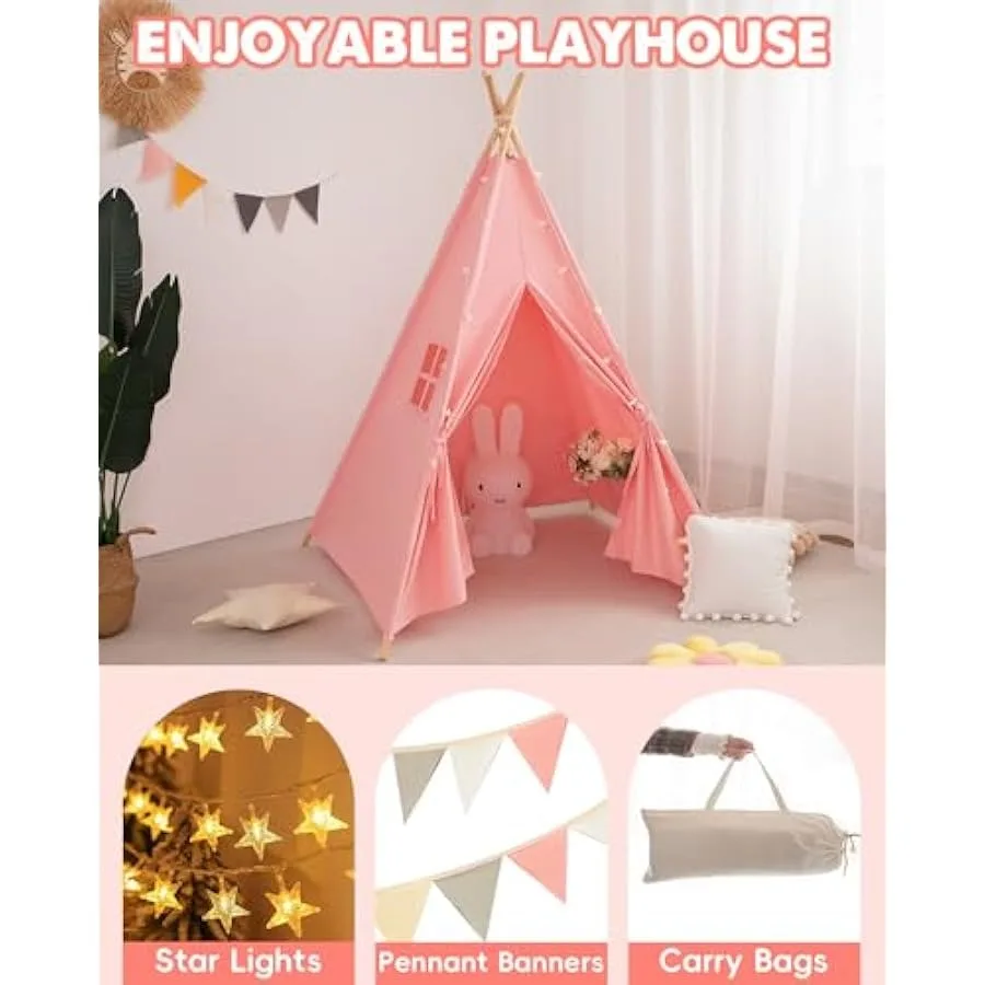 Teepee Tent with Lights and Carry Bag Natural Cotton Canvas Toddler Play Tent for Girls and Boys Washable Foldable Indoor Outdo