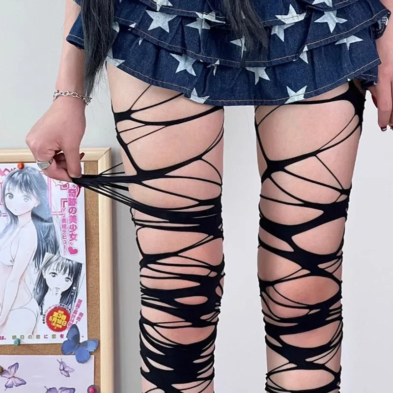 Bas résille creux punk pour femmes, toile d'araignée, sangle déchirée, collants à trous pour filles, collants en lambeaux Lolita, chaussettes de fête