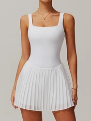 Fake Two Tennis Dresses Women's Solid Color Sports Yoga Dress Anti-exposure Liner Shorts High Waist Pleated Skirt with Pocket