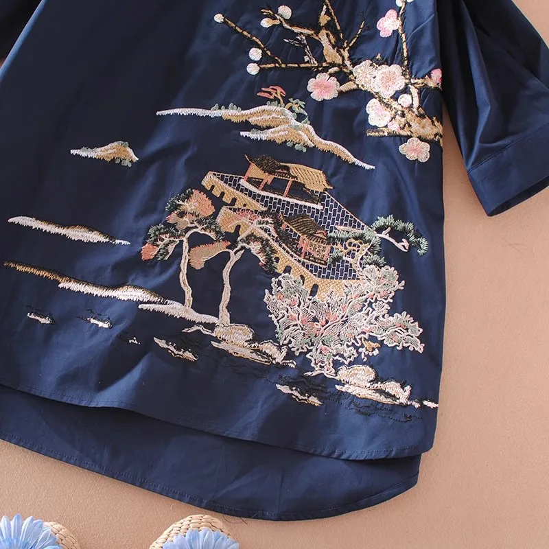 Women's Spring Autumn Flower Embroidery Casual Loose Shirt Femal Vintage National Cotton Shirt Blouse TB1702