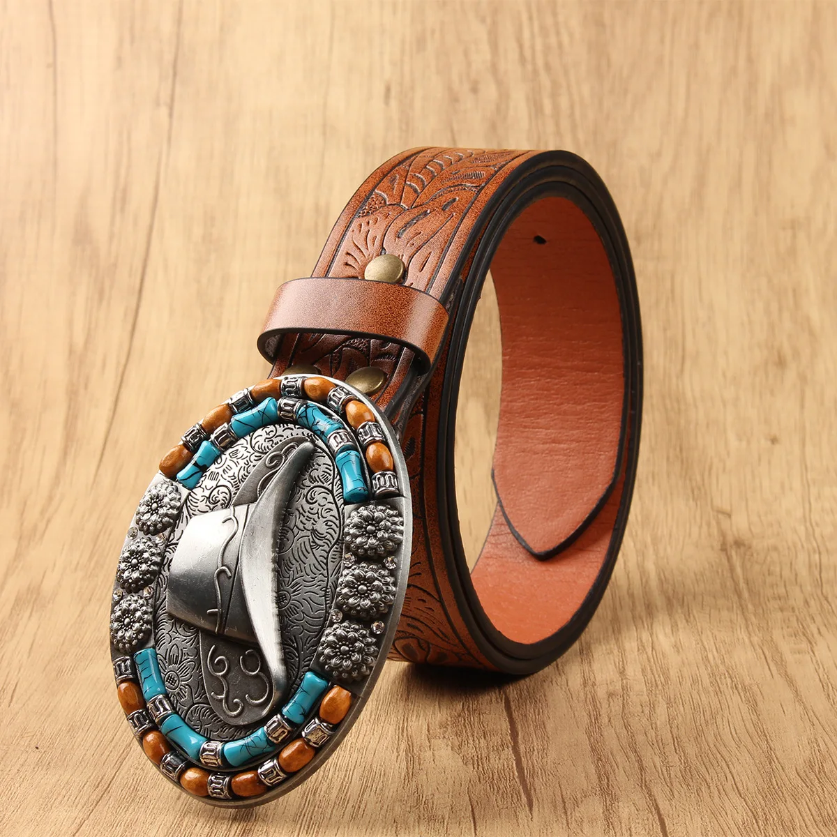 Western Cowboy Cowgirl Style Vintage Leather Belts - Women Men Turquoise Embossed Waist Belts With LongHorn Bull Buckles