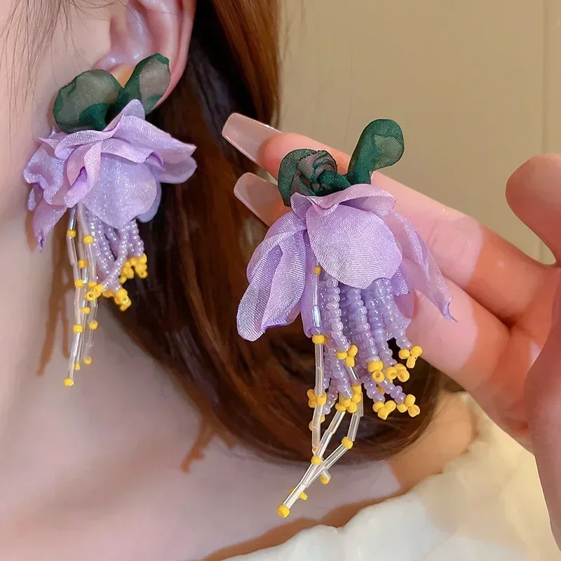 Elegant Statement Lace Organza Cloth Flower Earrings for Woman Korean Fashion Jewelry Party Girl\'s Lady Accessories