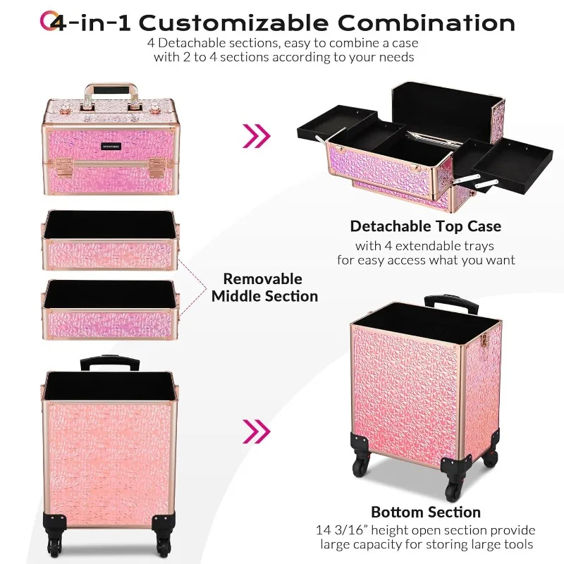 Rolling Makeup Train Case 4in1 Cosmetic Trolley Organizer Travel Case Lockable Salon Barber Case Traveling Cart Trunk w/ Wheels