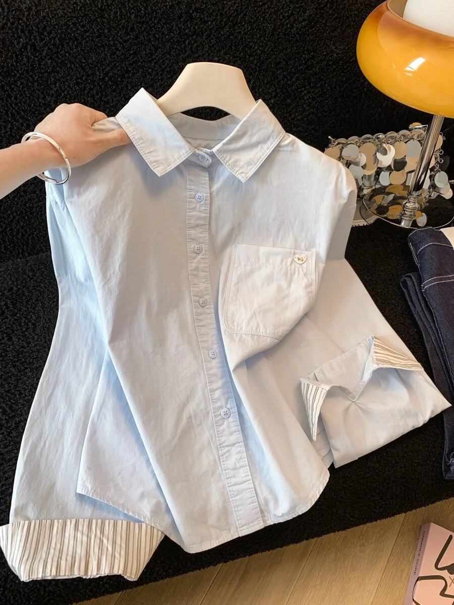 

Blue Striped Patchwork Long-Sleeve Shirt Women New 2026 Spring Korean Style Chic Pockets Blouse Versatile Single-Breasted Top