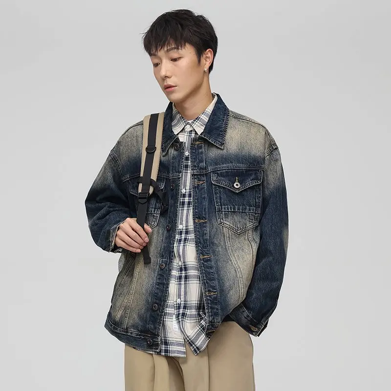 Streetwear Jeansjacke mit Farbverlauf für Herren, Baggy Distressed Faded Denim Jacken, Oversized Casual Outfits, Oberbekleidung im Vintage-Stil – Detail 4