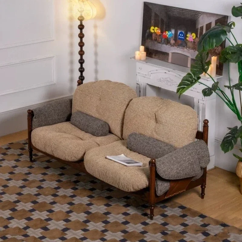 Retro old money wind small apartment double solid wood fabric sofa replica sofa