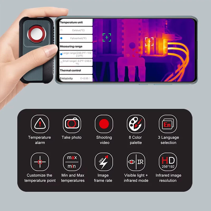 Thermal Camera 256*192 Pixels Android Type C Mobile Phone -20°C~550°C Infrared Thermal Imager For Electrical Repair GW256A