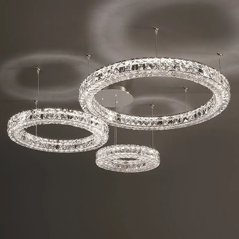 Nordic Luxury Crystal Led Chandelier Italy Design for Living Room Sliver Lustre Chrome Steel Ring Dning RoomPendant Lamp