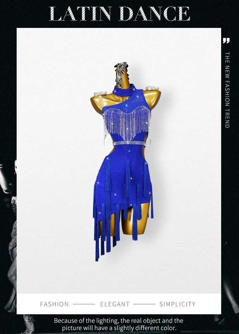 Blaues Latein-Tanzkleid, Damen-Trainingskleidung, Tanzbekleidung, sexy Rock, Ball-Wettkampfanzug, elegantes Partykostüm, Sportbekleidung. – Detail 2