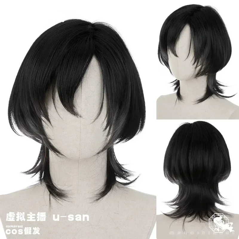 Peluca de Cosplay u-san Vtuber, corte de pelo corto de medusa negro y gris, pelucas sintéticas resistentes al calor para disfraz de Halloween, fiesta de juegos de rol