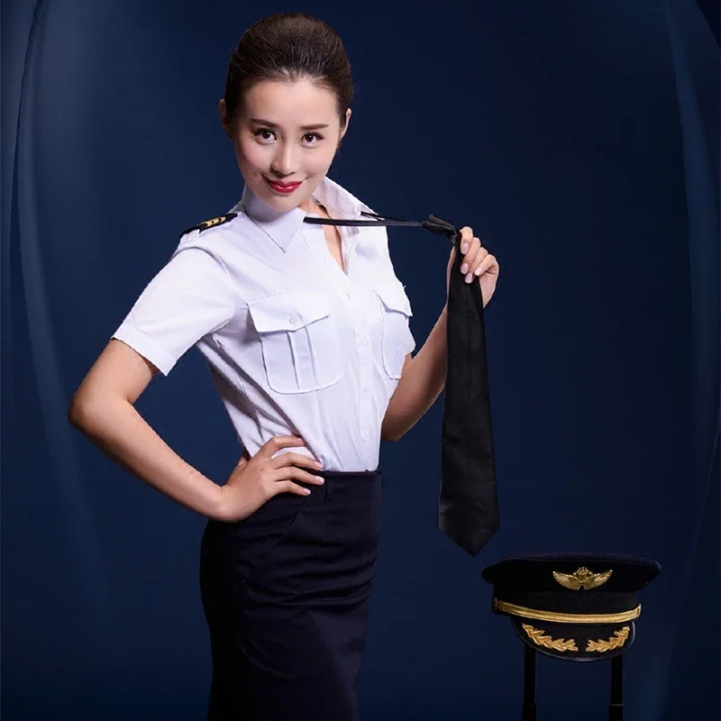 Uniforme da capitano Camicia da donna gonna set abito da assistente di volo uniforme femminile pilota dell'aviazione civile manica corta performance cosplay
