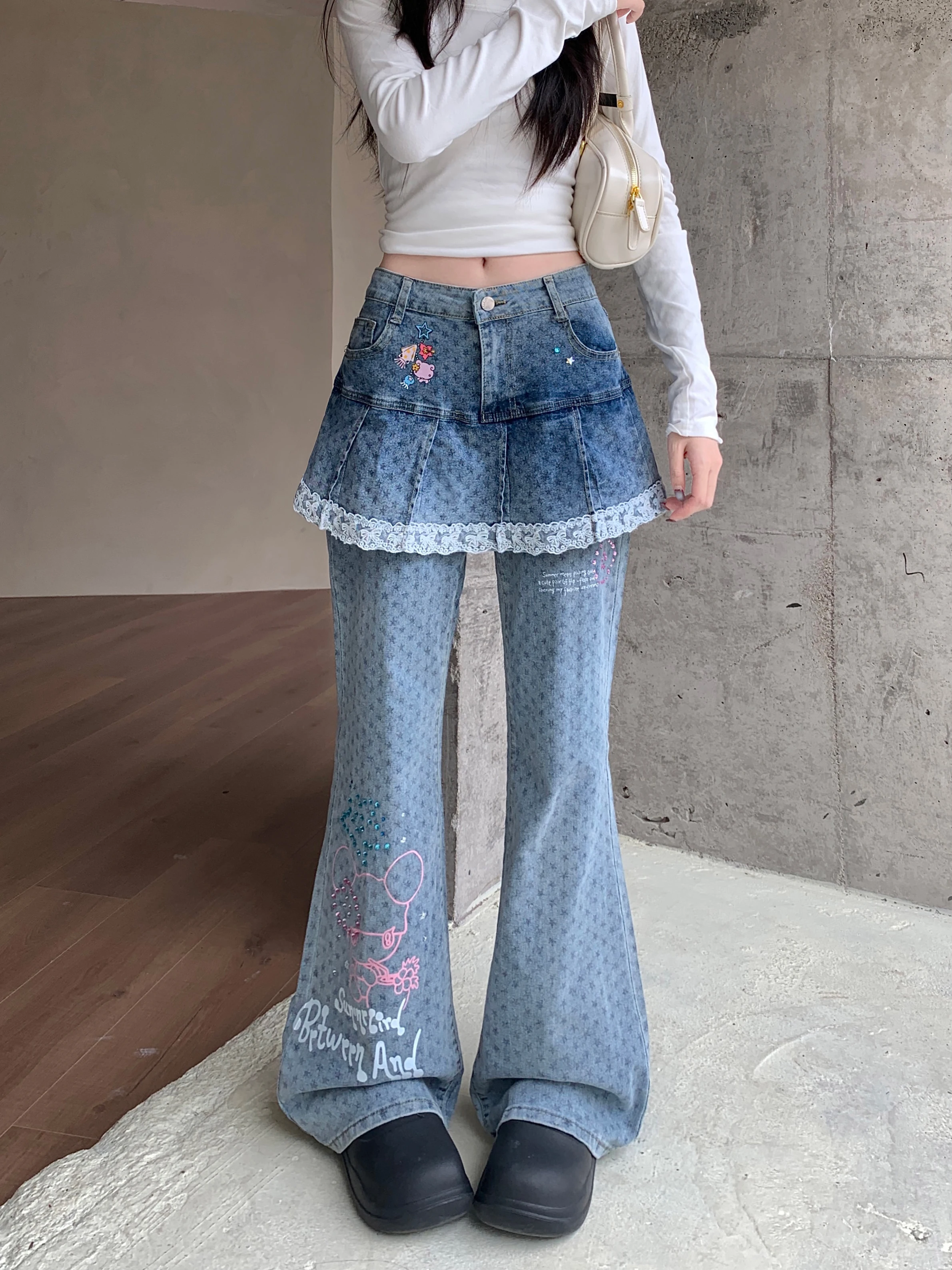 جينز نسائي أزرق جرافيتي ربط البضائع الفضفاضة Y2K ملابس هاراجوكو الأمريكية 2000S نمط 90s سروال جينز ريترو ملابس #5