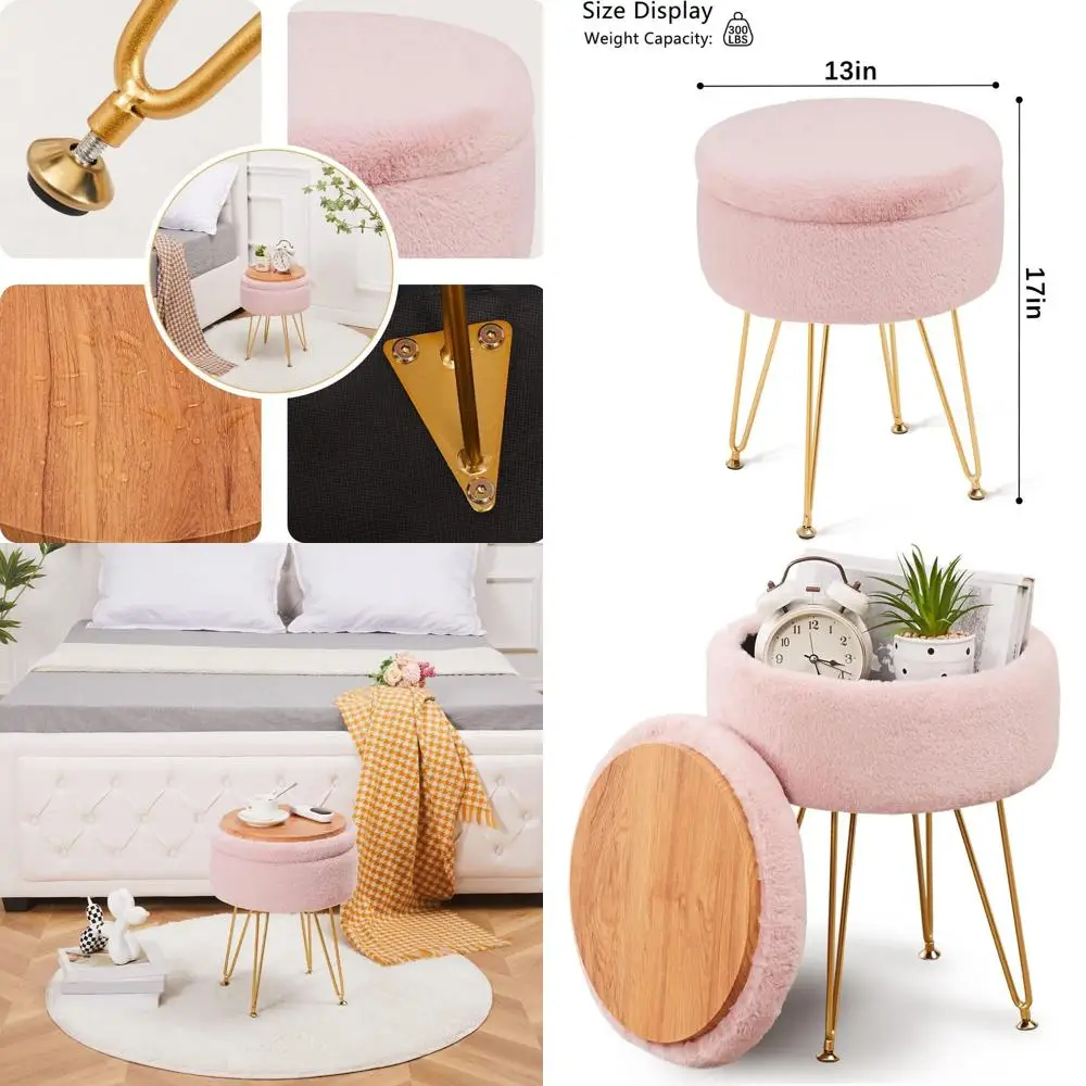 

Pink Faux Fur Storage Ottoman with Footstool and Vanity Chair, Perfect for Living Room Coffee Table
