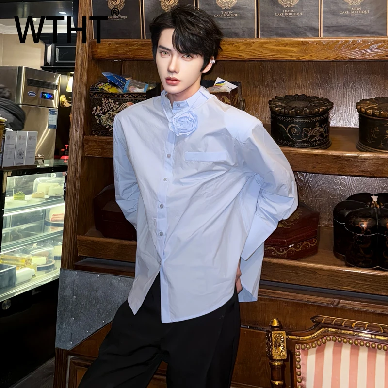 

WTHT New Fashion Men's Spliced 3D Flower Solid Color Shirts Trendy Long Sleeves Single-breasted Tops Mael 2025 Autumn 2A1406