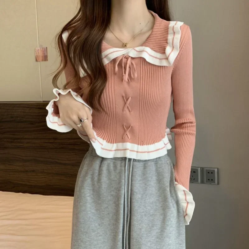 Retro Peter Pan Collar Sweet Women Sweaters Lovely Korean Preppy Style Fashion Simple Crops Aesthetic Patchwork Slim Knitting