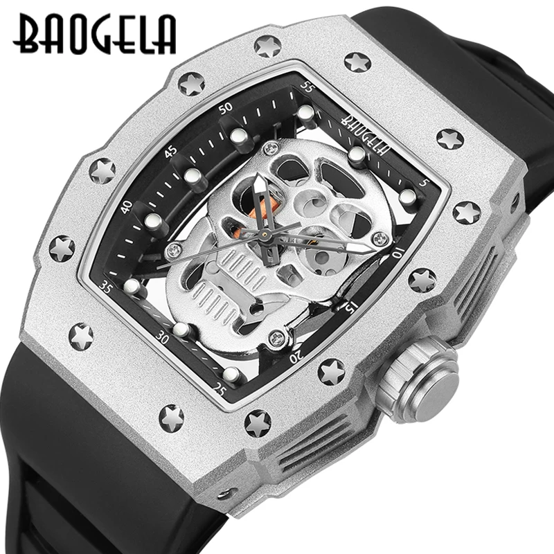 BAOGELA New Luxury Classic Design Skull Quartz Watches Stainless Steel Visable Wristwatch Causal Business Men Watch Rubber Strap