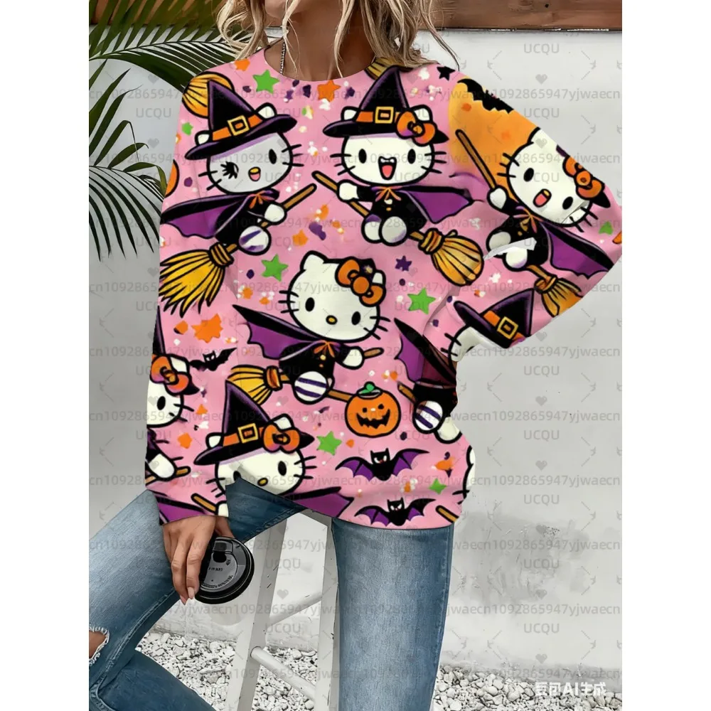 Women's Halloween Hello Kitty Racing Graphic Sweatshirt Black Casual Pullover Fall/Winter Outdoor Activities Men's Sweatshirt