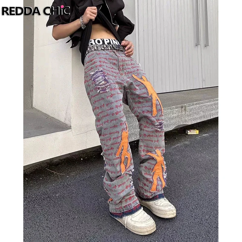 REDDACHIC Character Patches Ripped Baggy Jeans Men All Over Print Embroidered Frayed Wide Straight Pants Retro Hiphop Streetwear