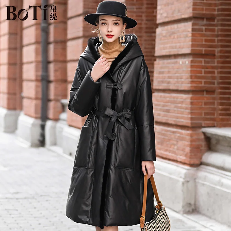 2023 Large Bati European Genuine Leather Down Coat Women's Mid Length Sheepskin Hooded Mink Coat