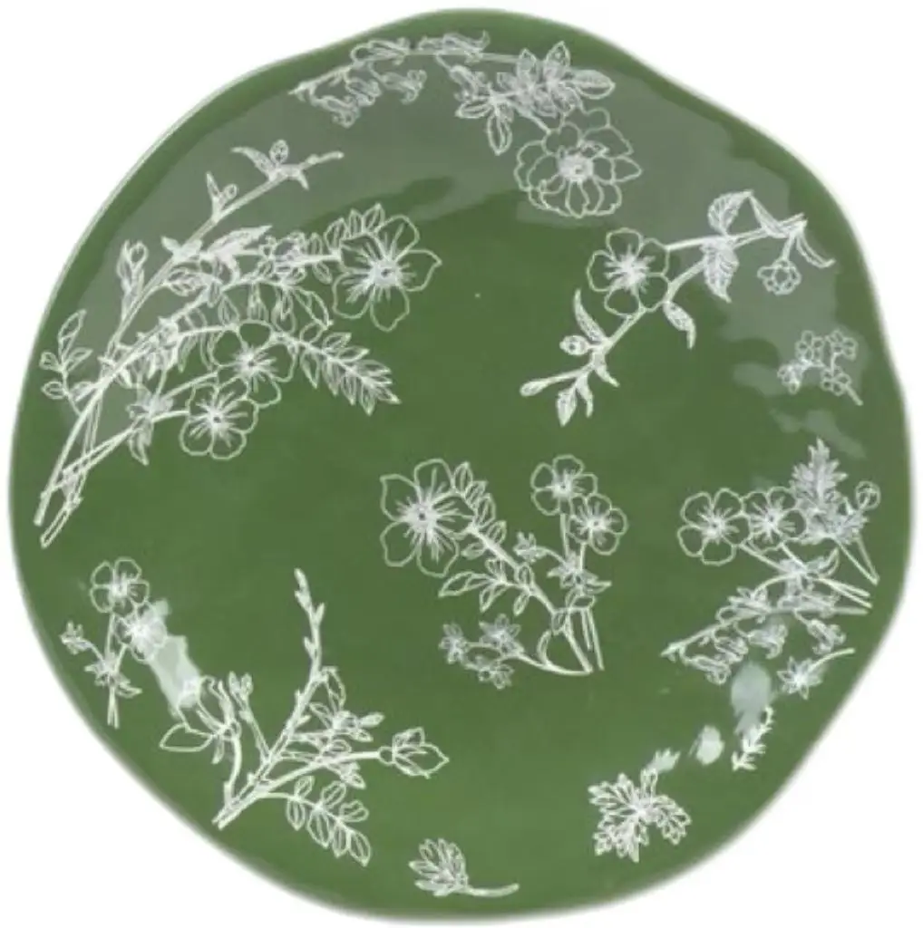 

Зеленая цветочная 10-дюймовая керамическая неглубокая пластина в глазури. Высокая температура. Противоскользящая. Легко чистится.