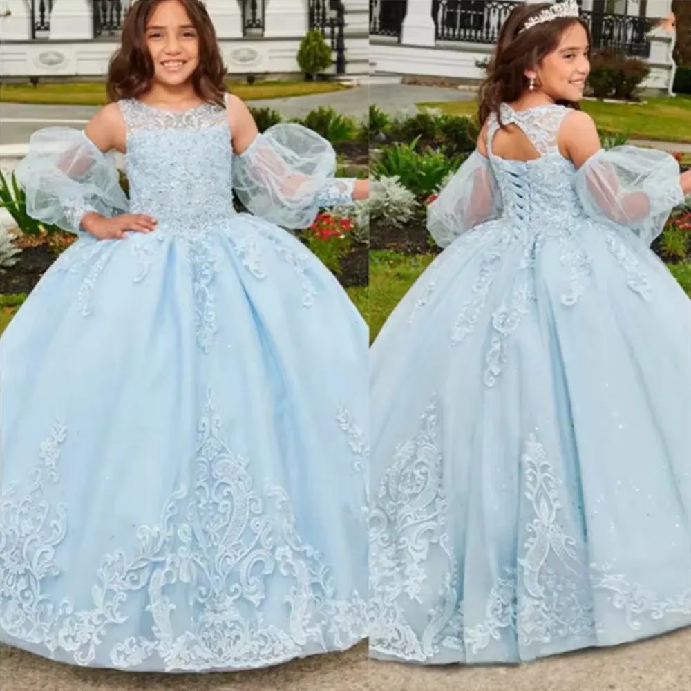 

Luxury Lace Appliques Flower Girl Dress for Wedding Sequin Sleeveless Elegant Girl Kids Birthday Party First Holy Communion Gown