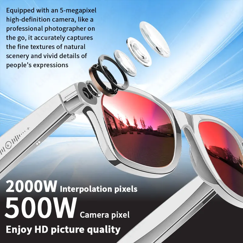 

Умные очки с искусственным интеллектом, 5 миллионов пикселей, запись видео, распознавание фотографий, перевод ответов, 290 мАч, IP66, водонепроницаемые Bluetooth-очки