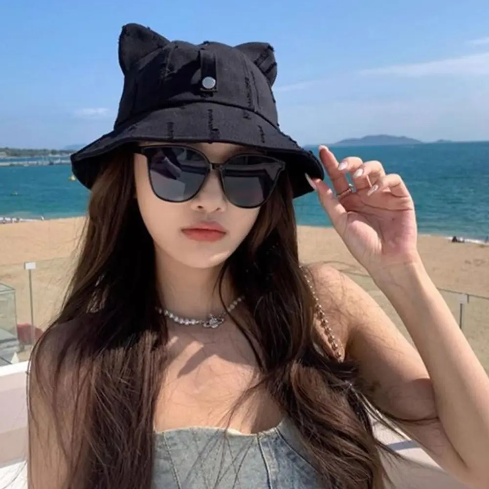Fashion Cotton Cat Ears Hat Cute Ear Sun protection Fisherman Hat Breathable Basin Hat Women