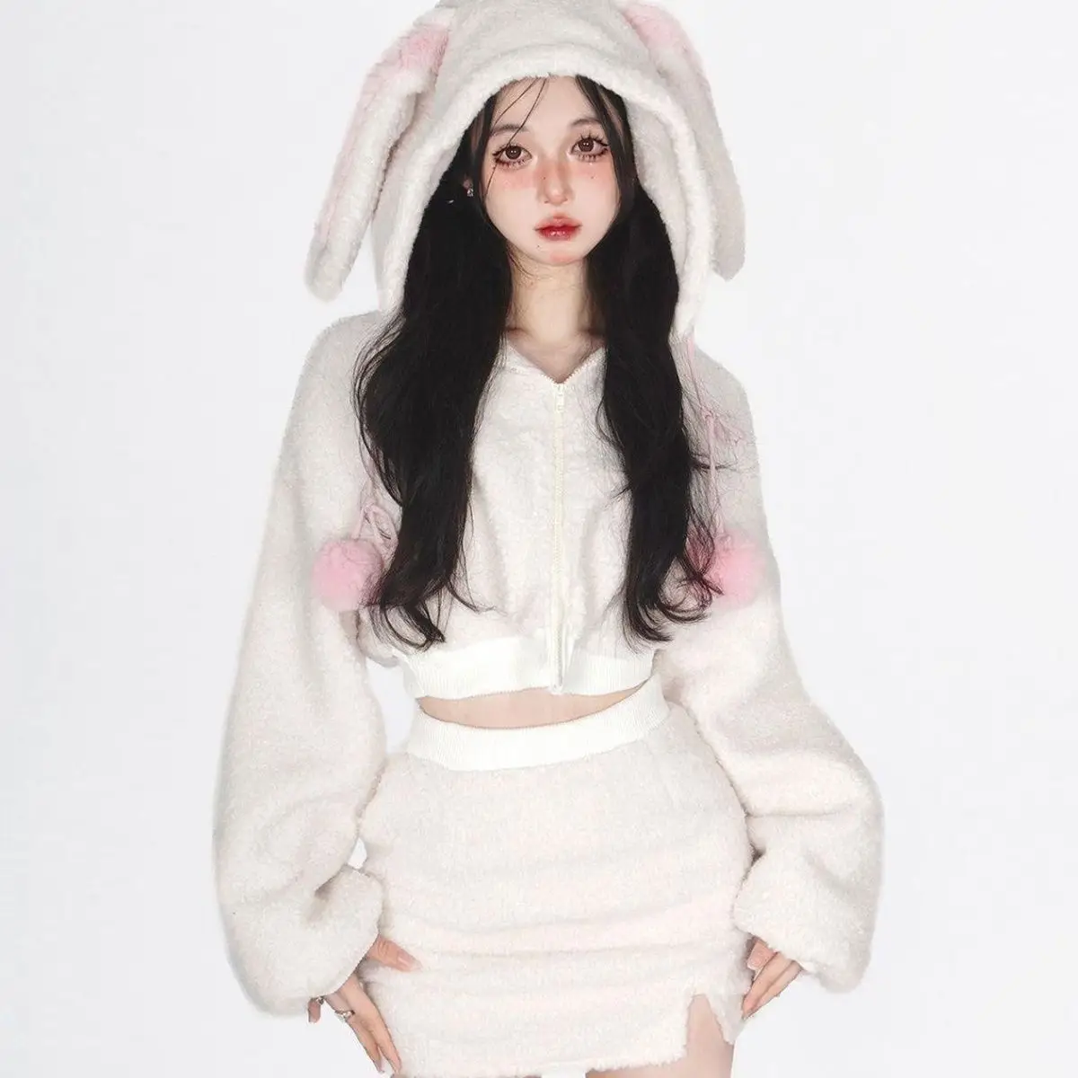 

Fluffy Rabbit Ear Hoodie Coat Women+ Y2k E-Girl High Waist Bodycon Split Skirts Winter Thicked Warm Two Piece Sets