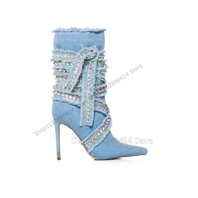 Blue Denim Crystal Decor Ruffles Pointed Toe Boots Mid Calf Women Shoes Thin High Heels Fashion Runway 2023 Zapatos Para Mujere