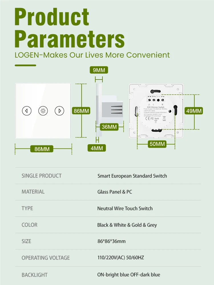 LOGEN Tuya WIFI Ściemniacz ścienny EU Dotykowy ściemniacz Inteligentne życie Sterowanie głosowe Alexa Google Home Potrzebujesz przewodu neutralnego 220V