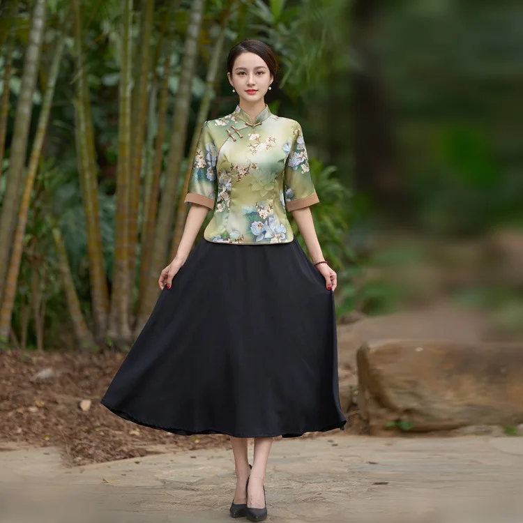 Satin Qipao hauts dame chemisier élégant fleur imprimé Cheongsam chemise Tradition Style chinois Tang Costume printemps été nouveau Costume